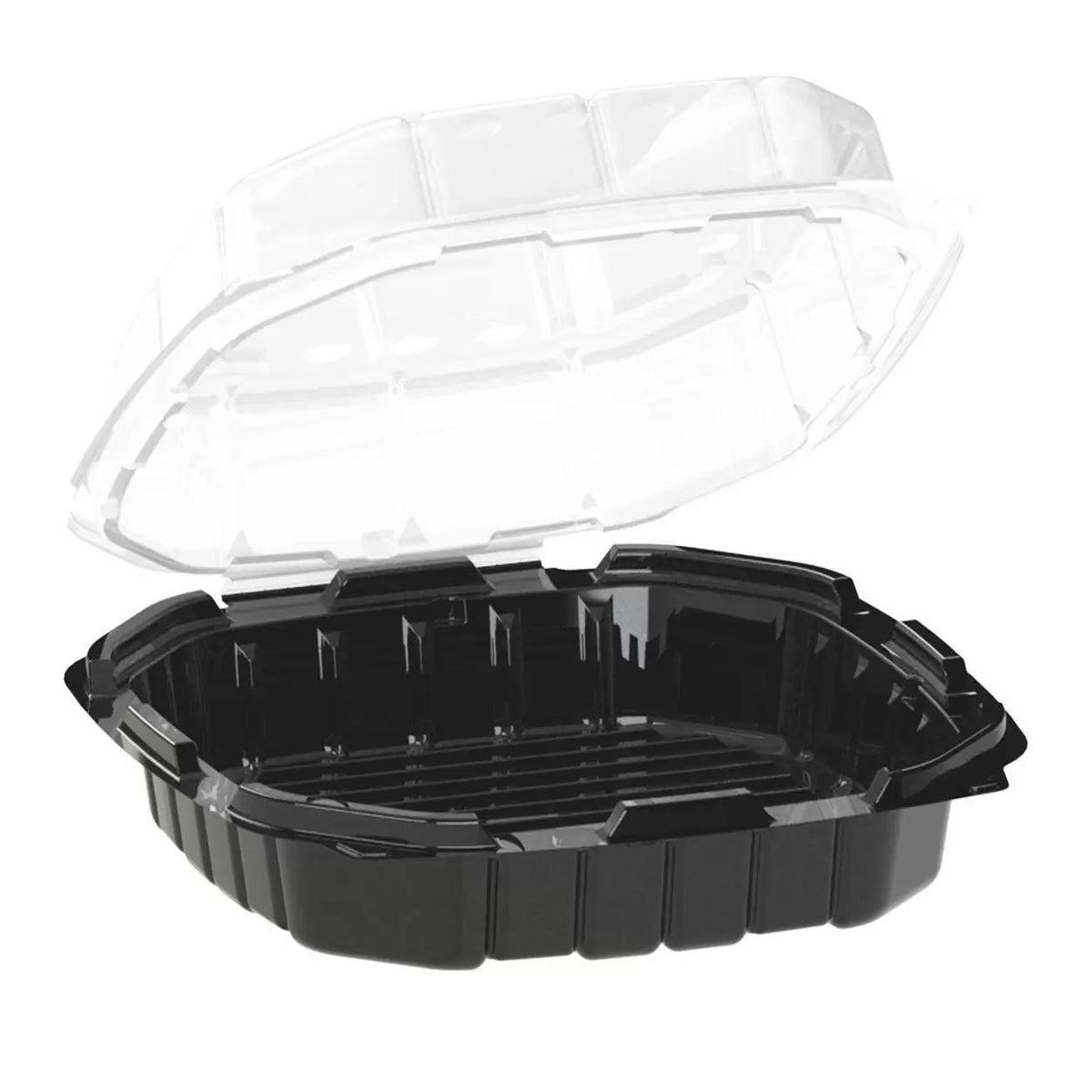 9″ x 9″ Hinged Container 32 oz Microwavable 1-Comp. Black Base with 1-Comp. Clear Anti-Fog Tear-Away Lid Crisp Food Technology 100 / Case (1 Case)