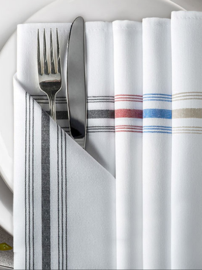 Bistro Napkins 100% Spun 2 Ply MJS Polyester White W/ Stripe (144  / Case)