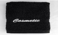 Load image into Gallery viewer, Cosmetic Towel 100% Ringspun Cotton Vat Dyed  Black W/ &quot;Cosmetic&quot; Embroidered In White (25 DZ  / Case)
