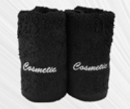 Cosmetic Towel 100% Ringspun Cotton Vat Dyed  Black W/ "Cosmetic" Embroidered In White (25 DZ  / Case)