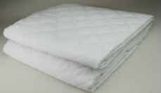 Quilted Bed Pads:  Fitted White TOP: 50/50 Cotton/Polyester T140 ; BOTTOM: 100% Polyester;            FILLING: 100 GSM Polyester; SKIRT: 100% Knit Polyester